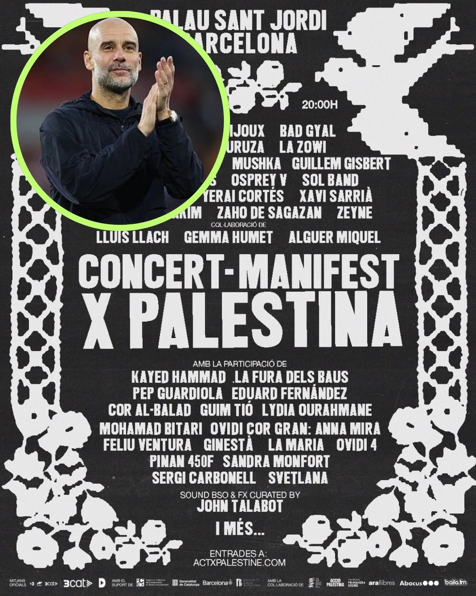 Pep Guardiola will take part in a concert-manifesto organised by Act x Palestine to raise funds for the Palestinian cause.

The event will take place on January 29 at Palau Sant Jordi in Barcelona. Pep has been one of the few consistent and steady voices in professional football.