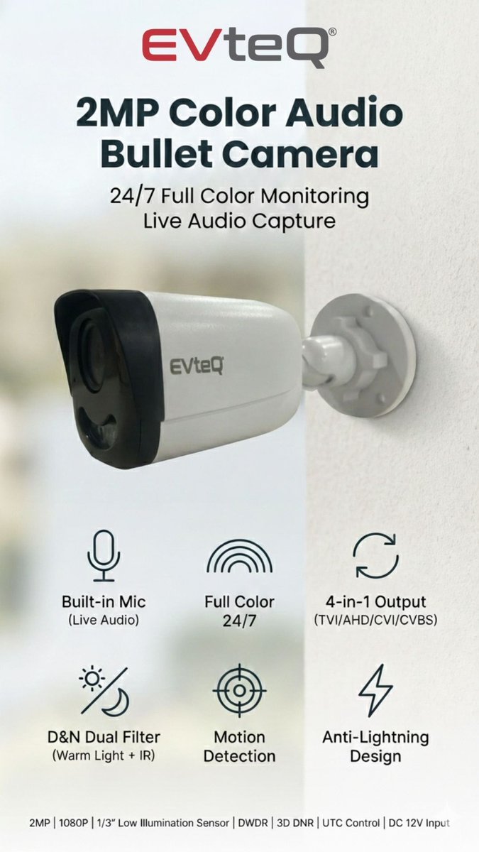 EVteQ's tweet image. Power your surveillance with clarity and confidence.

2MP Color Audio Bullet Camera offers full color day &amp;amp; night viewing, live audio capture, and advanced detection for complete protection.

📞 Call us today: +91 93205 57088
🌐 evteqglobal.com

#EVteQ #cctvcamera