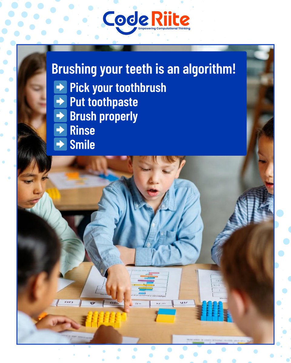 coderiite's tweet image. 🧠 Coding Begins with Everyday Thinking!

✨ Did you know? Even brushing your teeth follows an algorithm!
📞 9819349505
🌐 coderight.in
📸 @code_riite

#coderiite #kidscoding #screenfreelearning