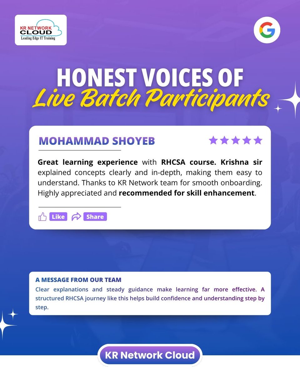 KRNetworkCloud1's tweet image. LEARNING THAT BUILDS CLARITY, NOT CONFUSION
Mohammad Shoyeb shared his experience after completing the RHCSA training, highlighting in-depth explanations, practical clarity, and a well-managed onboarding process.
#rhcsa #linuxtraining #redhatcertification #linuxskills