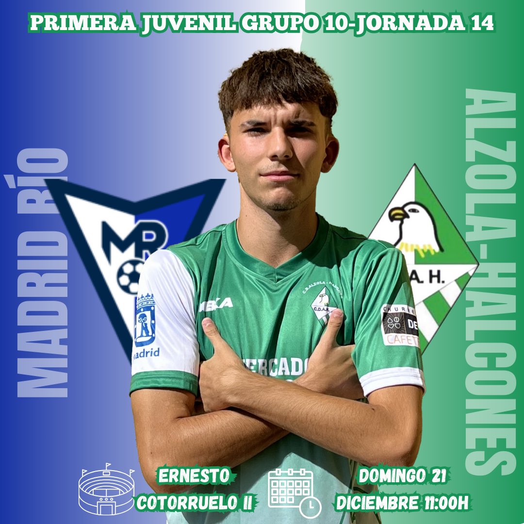 𝐉𝐔𝐕𝐄𝐍𝐈𝐋 𝐀⚽️💚

<a href="/CFMadridRio/">C.F. Madrid Río</a> “B” 🆚 #cdalzolahalcones 

🏟️ Ernesto Cotorruelo II
🗓️ Domingo, 21 de Diciembre 
⏰ 11:00

#vamosalzola #elequipodelbarrio