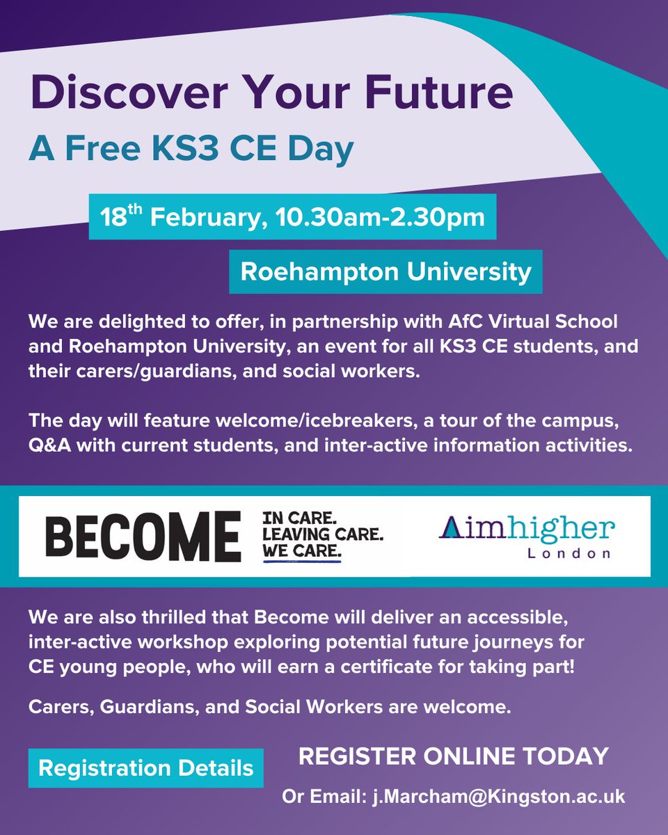 Early intervention matters for care-experienced learners. Our KS3 Discover Your Future event (18 Feb 2026, University of Roehampton) introduces Years 7–9 learners, carers &amp; social workers to higher education.

Register: eventbrite.com/e/discover-you…

#AimhigherLondon #CareExperienced
