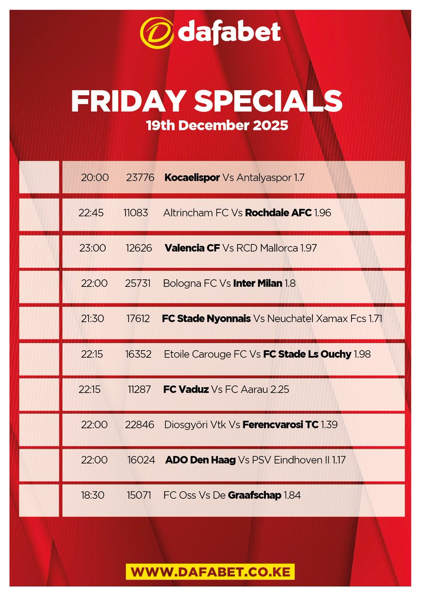Check out our Friday selections.
18+ BET RESPONSIBLY | Be Gamble Aware | Gambling can be addictive BCLB NO BK-0001237
#DafaSpecials #TukoGame