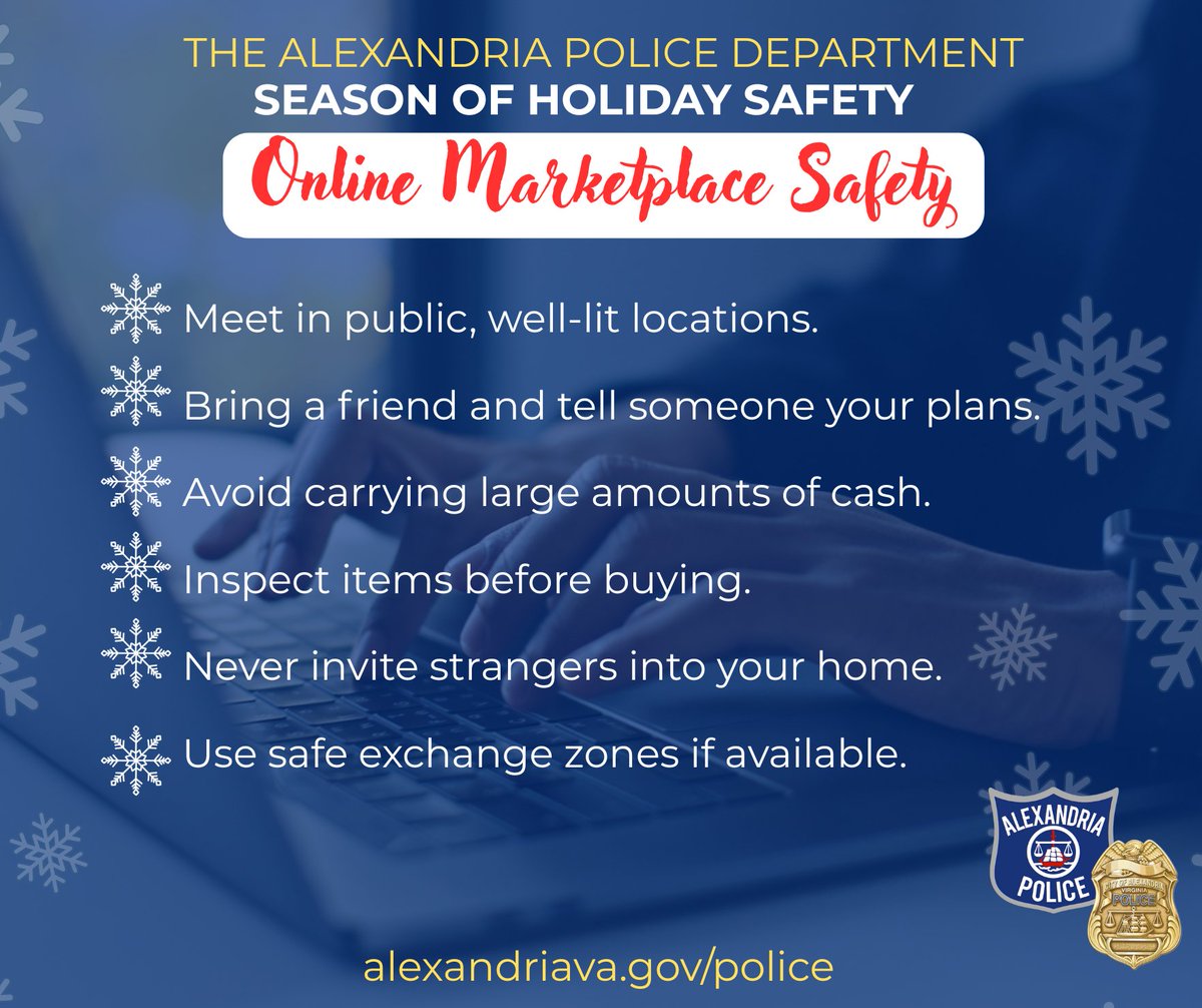 AlexandriaVAPD's tweet image. Meeting someone from an online marketplace? Plan ahead, pick a public spot, and let someone know where you’ll be. A little awareness helps keep our community safe. 

#OneAPD #OneAlexandria