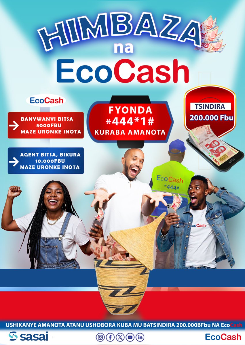 EcoCash yazindua rasmi promosheni ya “Sherehekea na EcoCash”. Wateja na mawakala wanapata fursa ya kushinda pesa kwa kila droo, 200,000 BIF. Fanya miamala, kusanya pointi na ushinde. Maswali piga 444.

#EcoCash
#Burundi
#HimbazaNaEcoCash