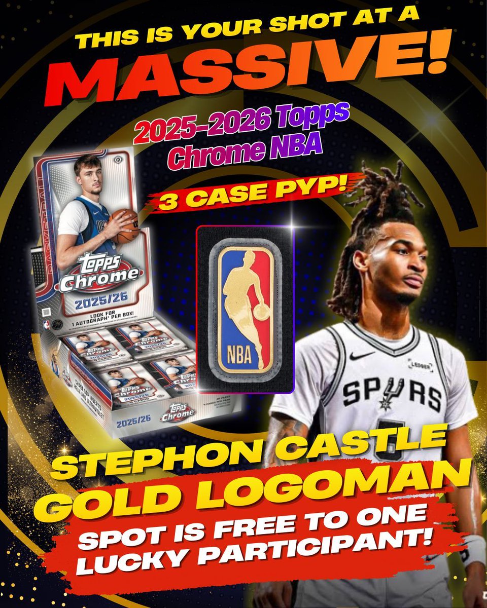 BoxLms's tweet image. 🚨 LIVE NOW ON FANATICS LIVE! 🚨
This is your shot at something MASSIVE 👀🔥

🏀 2025–2026 Topps Chrome NBA
📦 3-Case PYP Break
💥 PLUS — Stephon Castle GOLD LOGOMAN spot is FREE to one lucky participant!

🎯 Rip live. Chase gold. One spot could change everything.