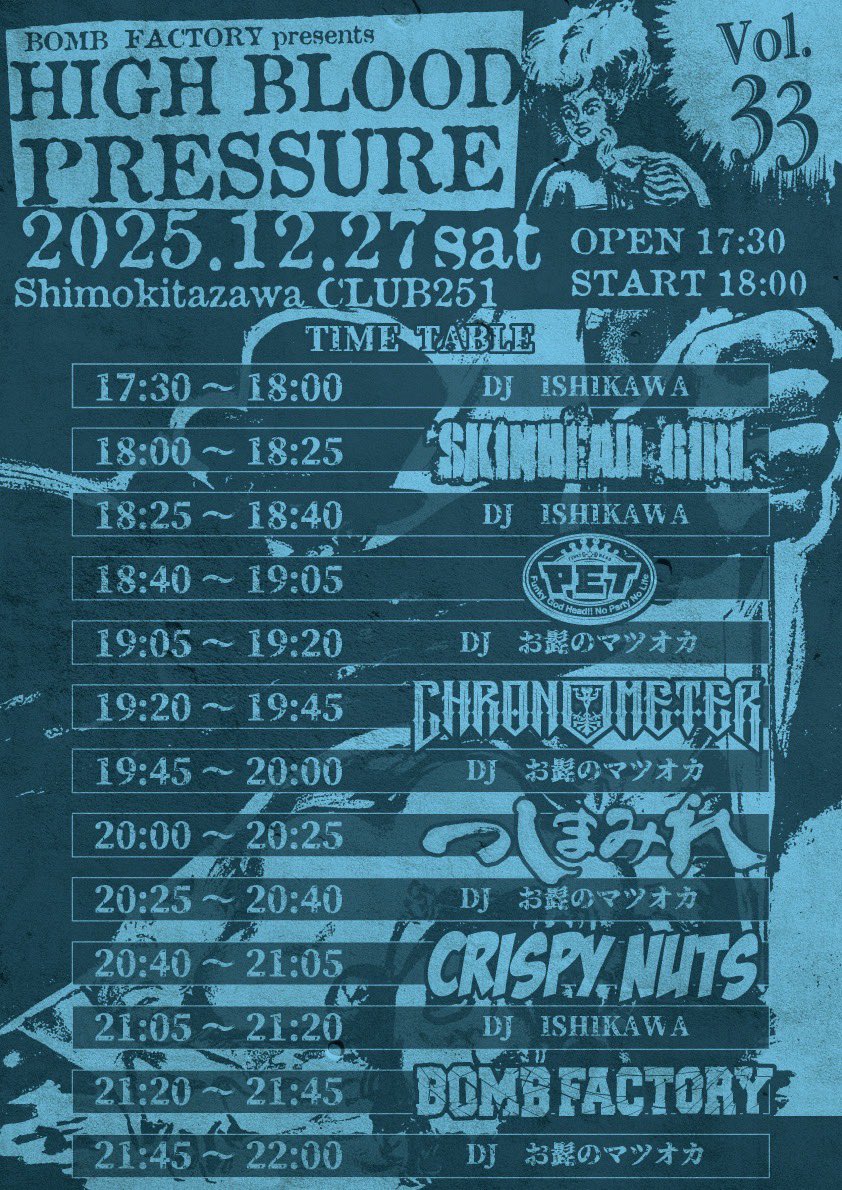 タイムテーブル発表❗️
BOMB FACTORY presents
“HIGH BLOOD PRESSURE Vol.33”
チケットpet.partybaby@gmail.com
2025年12月27日（土）
下北沢CLUB251

●TICKET
・e+
・BAND予約

-DJ-
お髭のマツオカ
ISHIKAWA
e+
eplus.jp/sf/detail/4427…