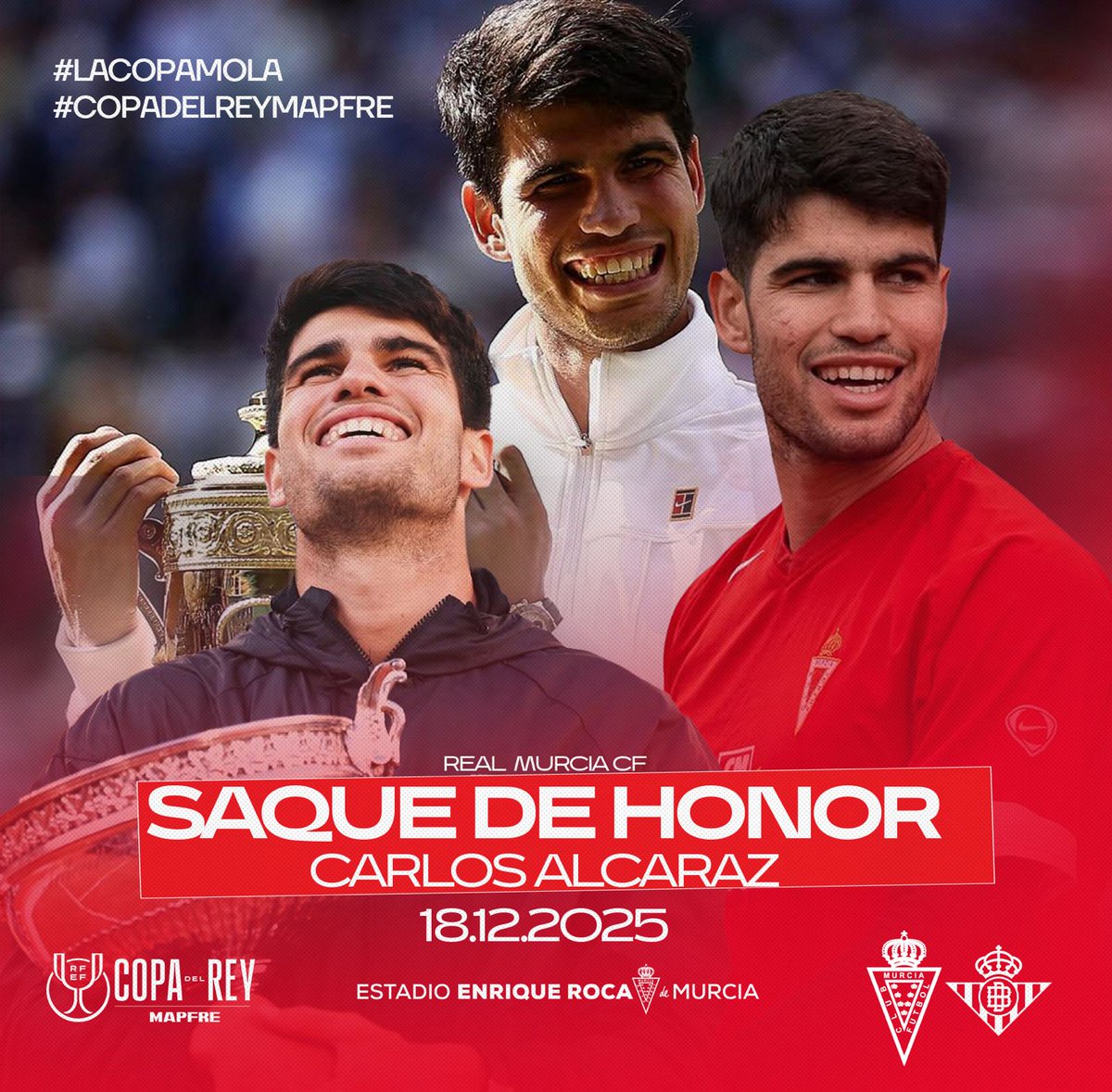🎾❤️ ¡ <a href="/carlosalcaraz/">Carlos Alcaraz</a> realizará el saque de honor en la previa del #RealMurciaRealBetis de #CopaDelRey! 

🌟 El Estadio Enrique Roca de Murcia vivirá un momento histórico con el mejor deportista murciano recibiendo el cariño de su tierra

🙌 ¡Gracias, Carlos, por llevar siempre a