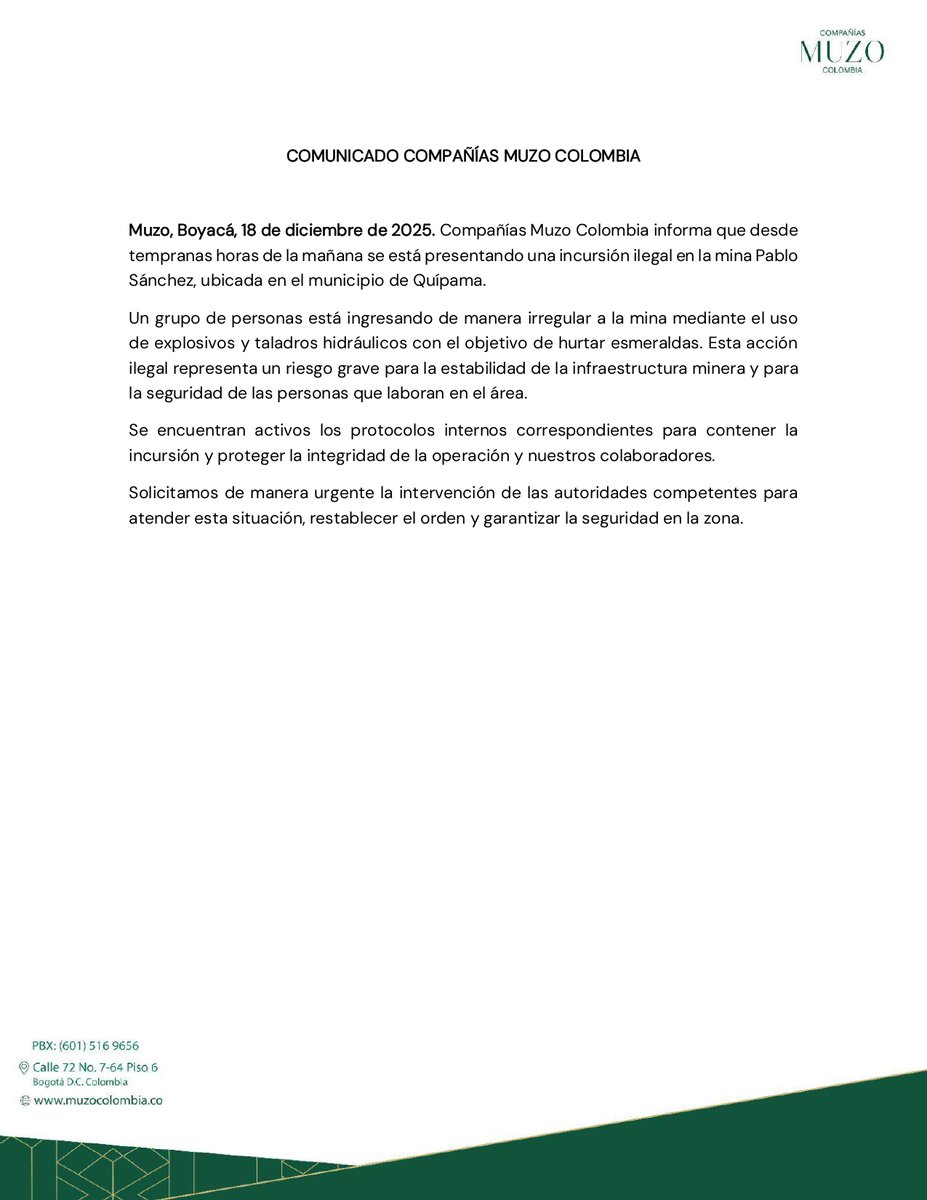 CiasMuzoCol's tweet photo. Comunicado 18 de diciembre.

Ante los hechos ocurridos en las últimas horas, reafirmamos nuestro compromiso con la seguridad y el respeto por la vida. 

#SeguridadParaTodos #InformaciónOficial
#CuidadoDelTerritorio https://t.co/7oQRAumsi2