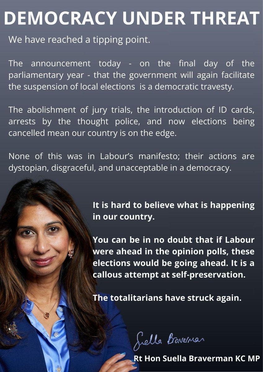 SuellaBraverman's tweet photo. Democracy denied. Again. https://t.co/9aGJVaQaov