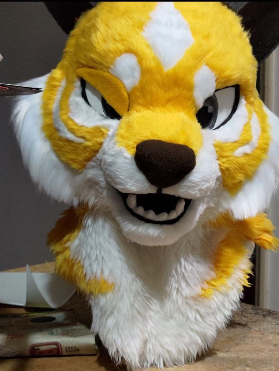 DragonX2space's tweet image. #Fursuit #Maker #sabertoothtiger
［製作品分享］-起司虎

近期在整理照片，看到一些起司虎的製作過程照，與大家一起分享
基底為EVA，加上海綿輔助雕塑。
最後一張吐舌頭，好可愛💖
