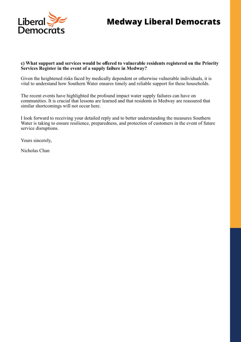 Demanding Resilience in Medway's water supply
We wrote to the CEO of Southern Water to better understand the measures Southern Water is taking to ensure resilience, preparedness, and protection of customers in the event of future service disruptions.
A fair deal on clean water 🔶