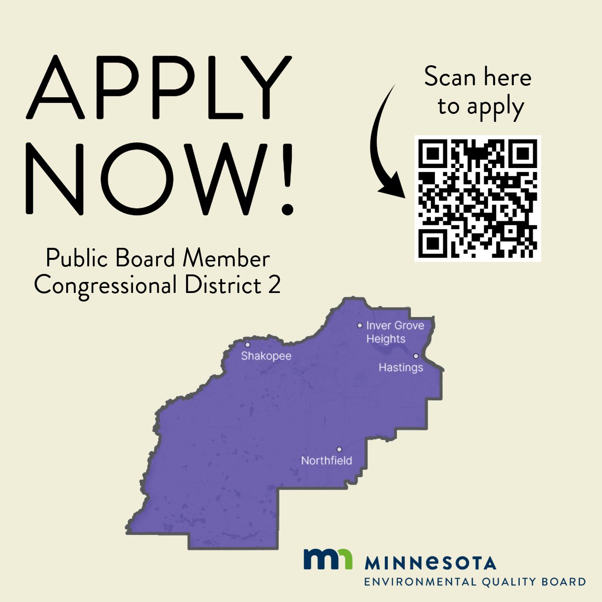 Do you live in Minnesota’s 2nd Congressional District and have an interest in joining our board? Apply today on our website: eqb.state.mn.us/about-us/open-…

This district includes Scott, Dakota, and Le Sueur counties and cities like Northfield, Cottage Grove, Lakeville, and Eagan.