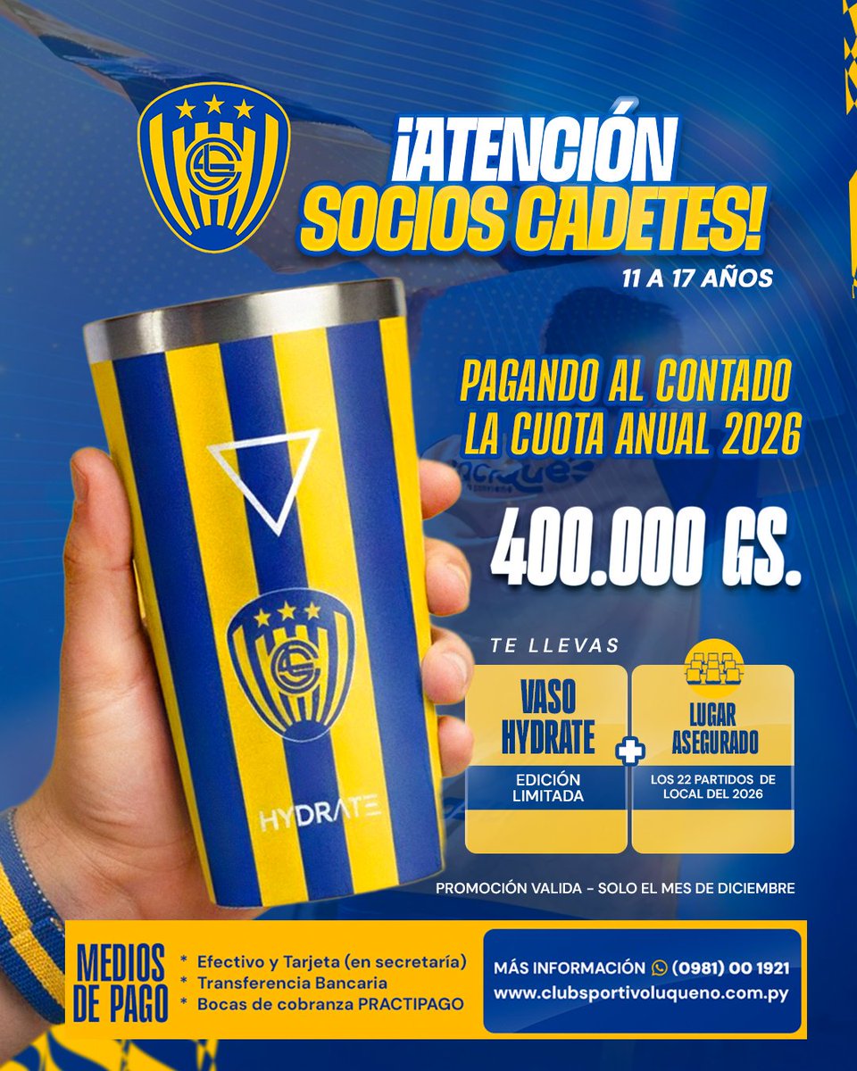 ¡𝑨𝒕𝒆𝒏𝒄𝒊ó𝒏 𝒔𝒐𝒄𝒊𝒐𝒔 𝒄𝒂𝒅𝒆𝒕𝒆𝒔! 💪🏻🇺🇦

Pagando Gs. 400.000 la cuota anual asegurás todo el 2026 y te llevás: 

✅ Vaso 𝗛𝗬𝗗𝗥𝗔𝗧𝗘 exclusivo de regalo  

✅ Canje de tu entrada durante todo el año 2026.

➡️ Promoción válida para los primeros 100  socios.

¡Sumate