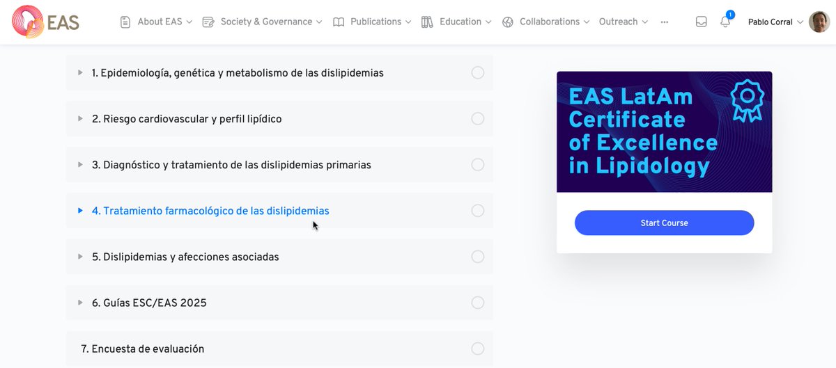 🤩 Es un honor anunciar el primer curso integral de la European Atherosclerosis Society (EAS) dictado completamente en español 🇪🇸:

"EAS LatAm Certificate of Excellence in Lipidology"

👉 Se trata de un programa académico de altísimo nivel, desarrollado por expertos