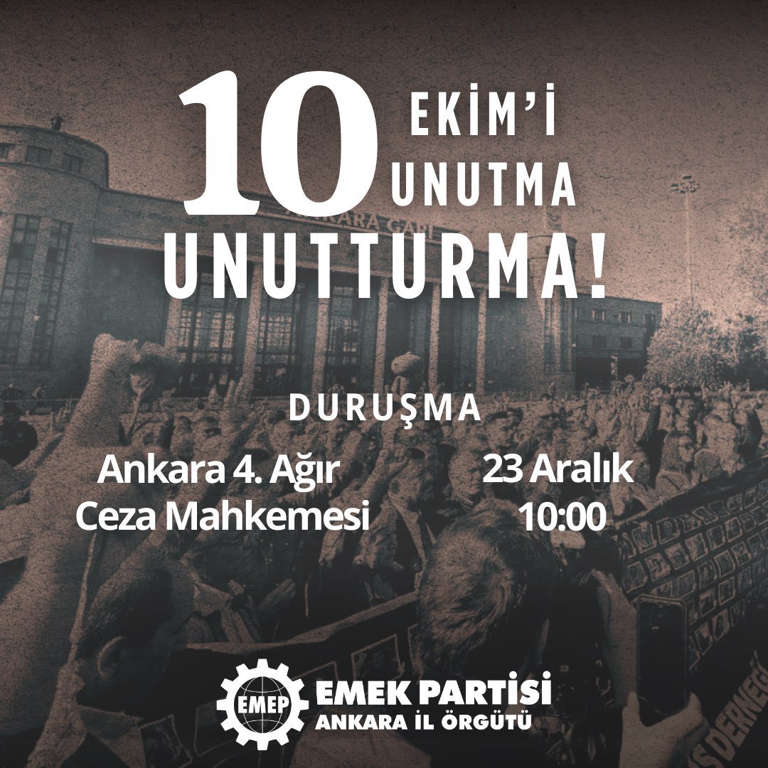 10 EKİM’İ UNUTMA UNUTTURMA! 

23 Aralık saat 10.00’da 10 Ekim davasının duruşmasında buluşuyoruz.

10 Ekim Ankara katliamının ardından adalet mücadelesini sürdürüyoruz.