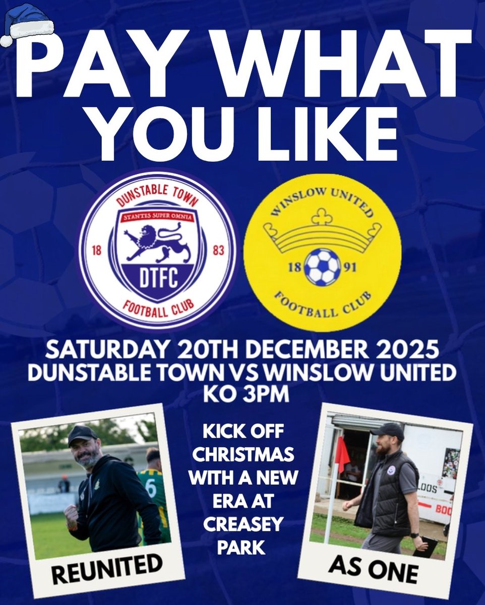 NEXT MATCH | This Saturday we are back home for a new era at Creasey Park, kick off your Christmas at Creasey park, we are spreading Christmas cheer and making Saturday pay what you like so get down to Creasey Park and get behind the players and management.

#towntogether