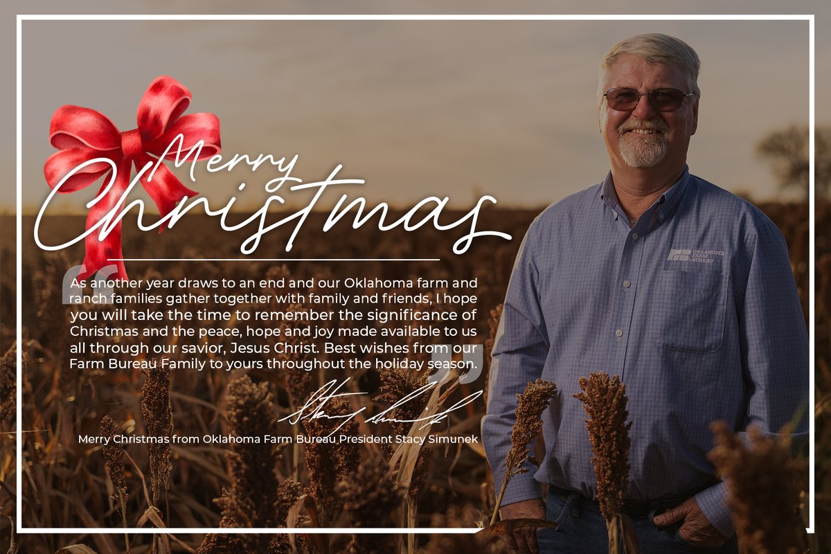 okfarmbureau's tweet photo. We are wishing all of our Farm Bureau members a Merry Christmas! 🎄 Oklahoma Farm Bureau President Stacy Simunek shares his best wishes from our Farm Bureau family to yours this holiday season. https://t.co/cu1yWikpyW