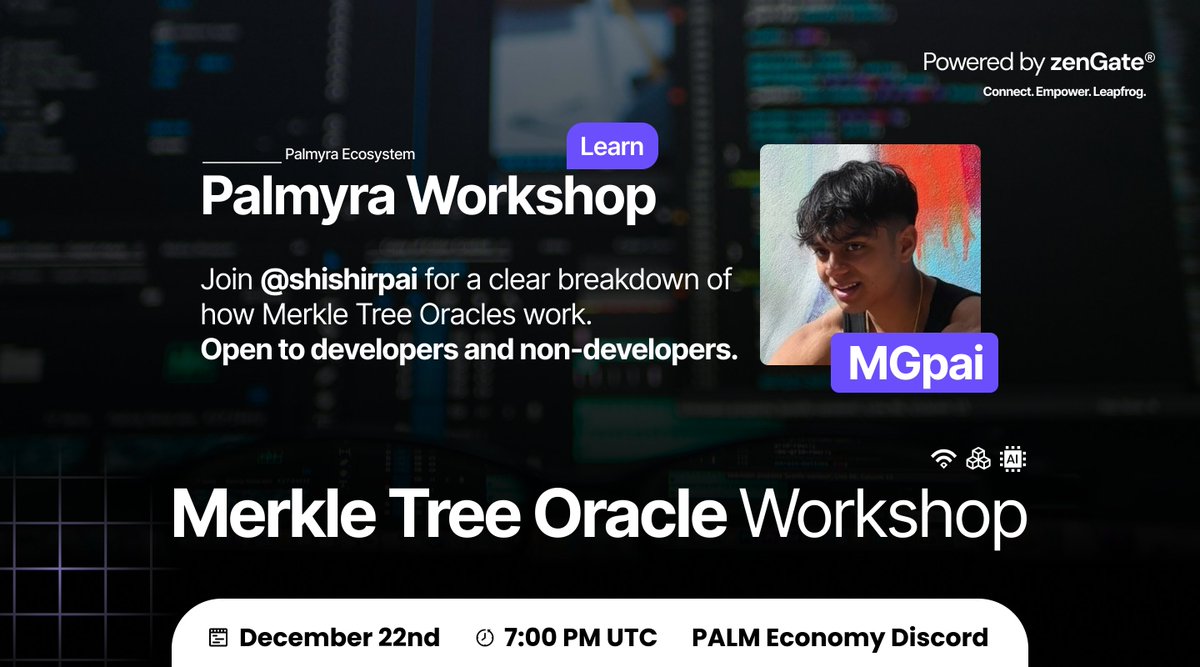 Come attend the Merkle Tree Oracle Workshop!

Join <a href="/shishirpai/">MGpai</a> for a clear breakdown of how Merkle Tree Oracles work!

Open to developers and non-developers.

Dec 22
7 PM UTC
Palm Economy Discord - Invite Below 👇
