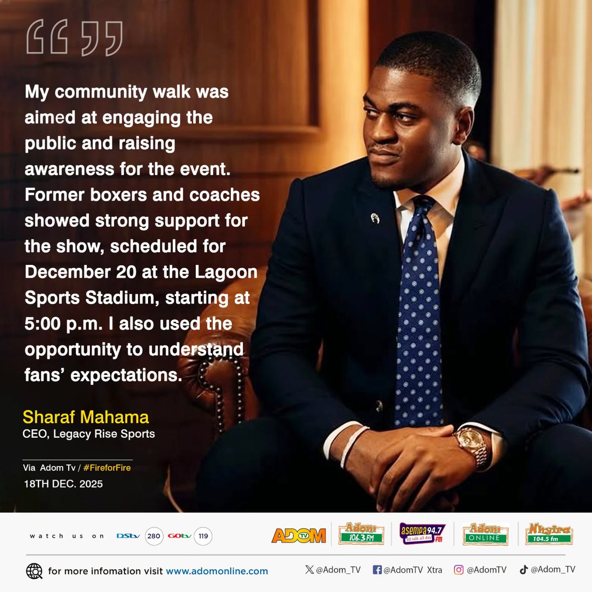 KOBBY__STONNE's tweet image. Beyond the name, the work continues. Postcards out for a night that will redefine Ghana boxing. 🥊

December 20 | Lagoon Sports Stadium

Legacy is being built — not talked about.

#BeyondTheName #LegacyRiseSports #GhanaBoxing #SportsDevelopment #FireForFire