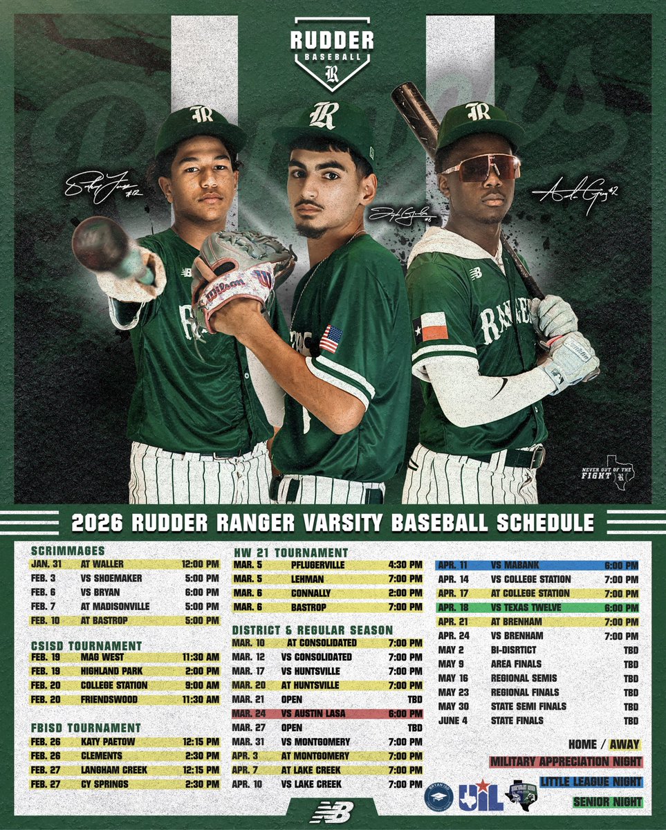 rangerbsbl's tweet photo. The 2026 Rudder Ranger Varsity Baseball schedule is here!
#NOTF https://t.co/KBovLjXSlh