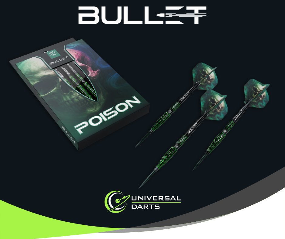 Introducing the brand NEW Poison Darts from BULLET — available now at Universal Darts.

Featuring a black and green tapered design with a rear scallop, the Poison Darts are built for precision grip and controlled aggression. Striking visuals combine with confident handling to