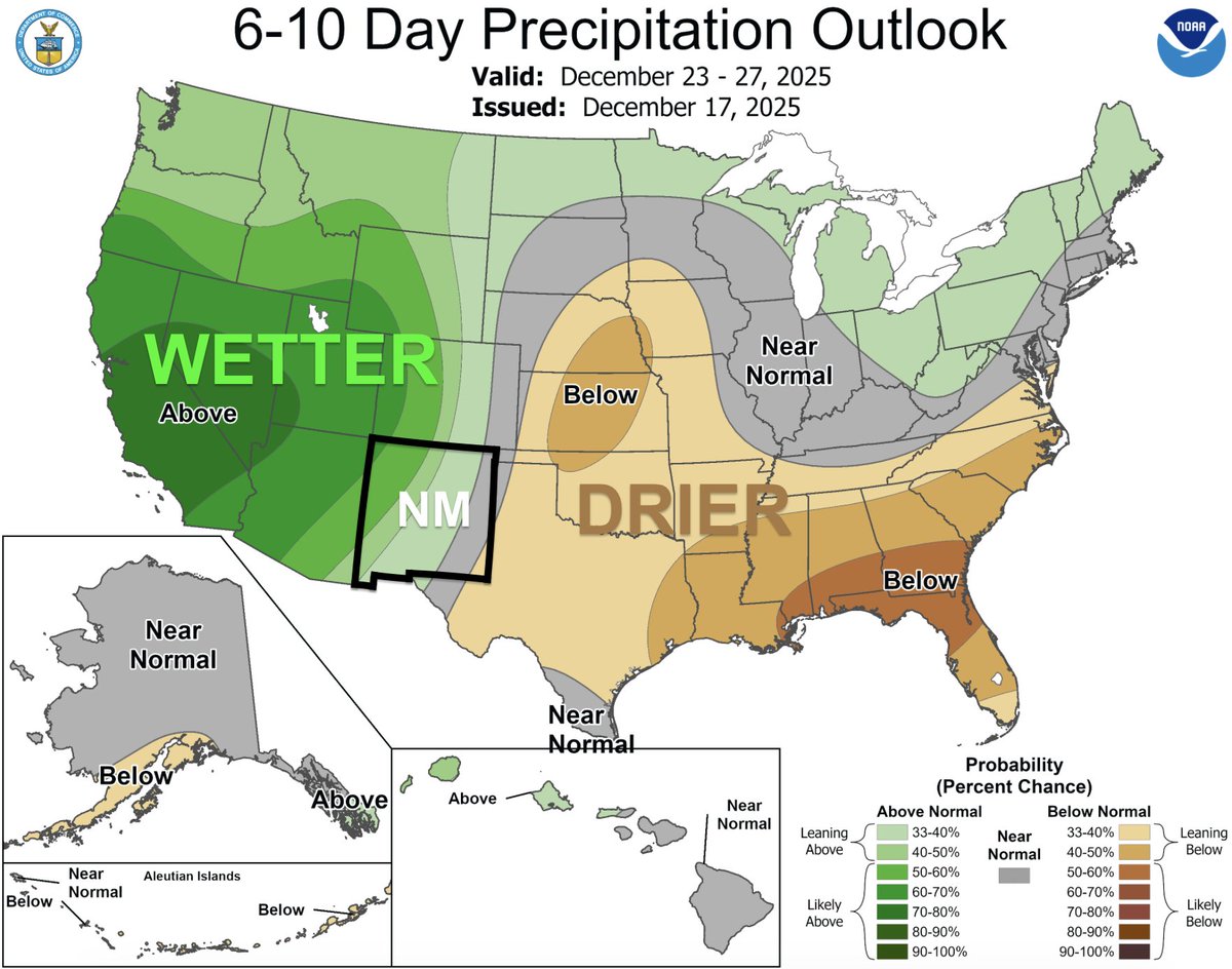 granttosterudwx's tweet photo. Forecast models are finally more consistent that we will see a pattern change in New Mexico around/just after Christmas! Temperatures  will stay warmer than average, but a storm could bring rain and mountain snow to western and northern parts of the state. #NMwx https://t.co/951OOe6Y9b