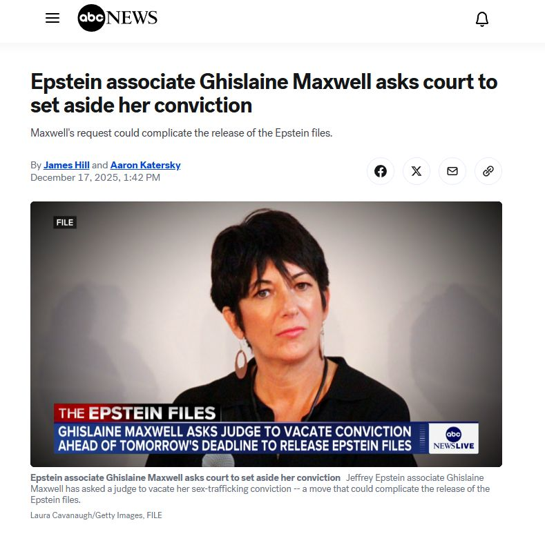 A day before the redacted Epstein Files are set to be partially released, Ghislaine Maxwell has asked a federal court to vacate or amend her conviction and 20-year prison sentence, a move seen as an attempt to delay or disrupt the release of the Epstein files. #OpDeathEaters