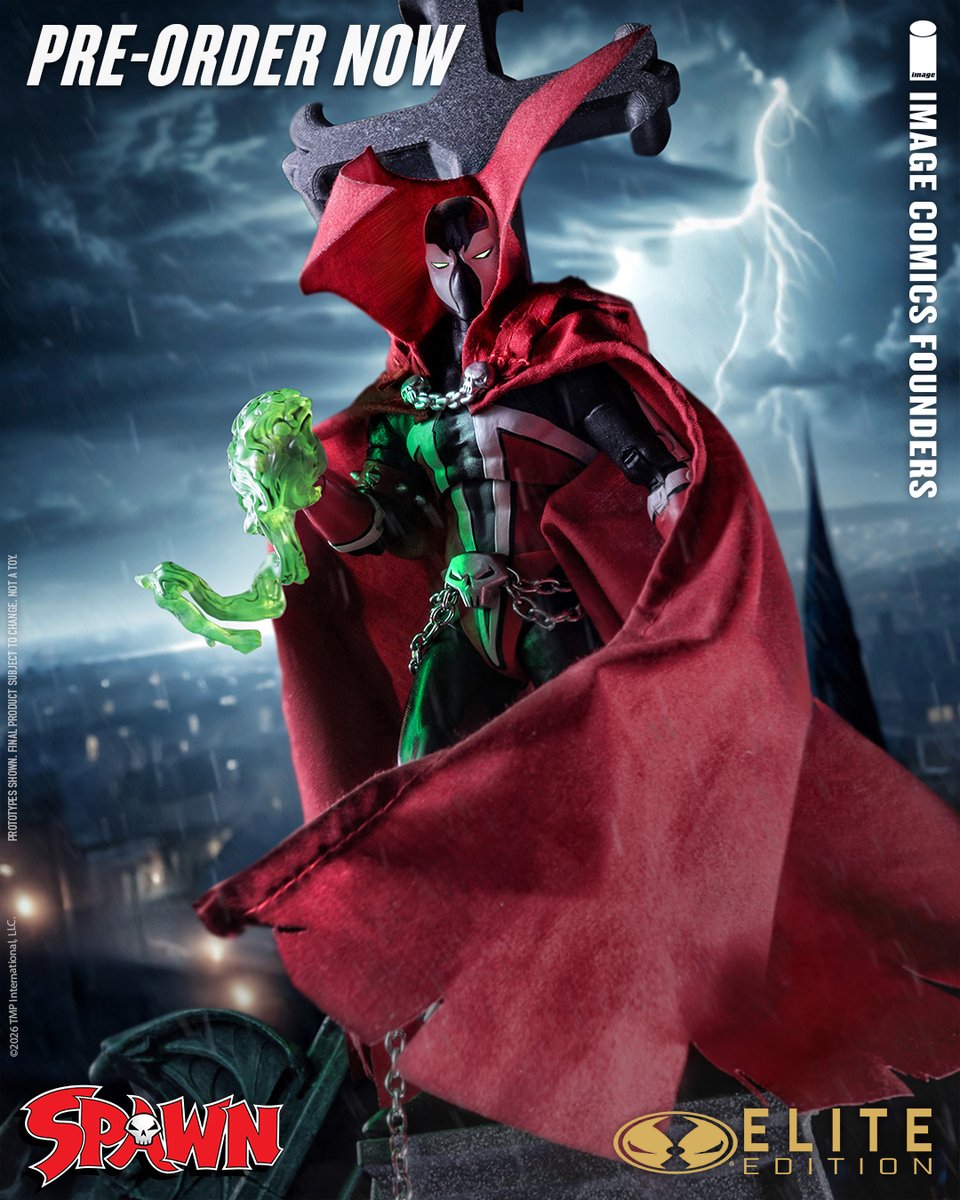 mcfarlanetoys's tweet photo. Todd McFarlane's SPAWN Elite Edition Action Figure from the Image Comics Founders Series is available for pre-order NOW at select retailers! ➡️ https://t.co/TPFF56nnFc

7" deluxe action figure features a wired fabric cape, 2 attachable chains, spiked club, 4 alternate hands, alternate head, Necroplasm effect and collectible art card.

The included base can be arranged with future Image Comics Founders Elite figures coming in 2026! PLUS an Elite Points card that can be used to redeem incredible rewards and one of a kind prototypes.

#McFarlaneToys #Spawn #EliteEdition #ImageComics #ImageComicsFoundersSeries #SpawnsUniverse @toddmcfarlane @imagecomics