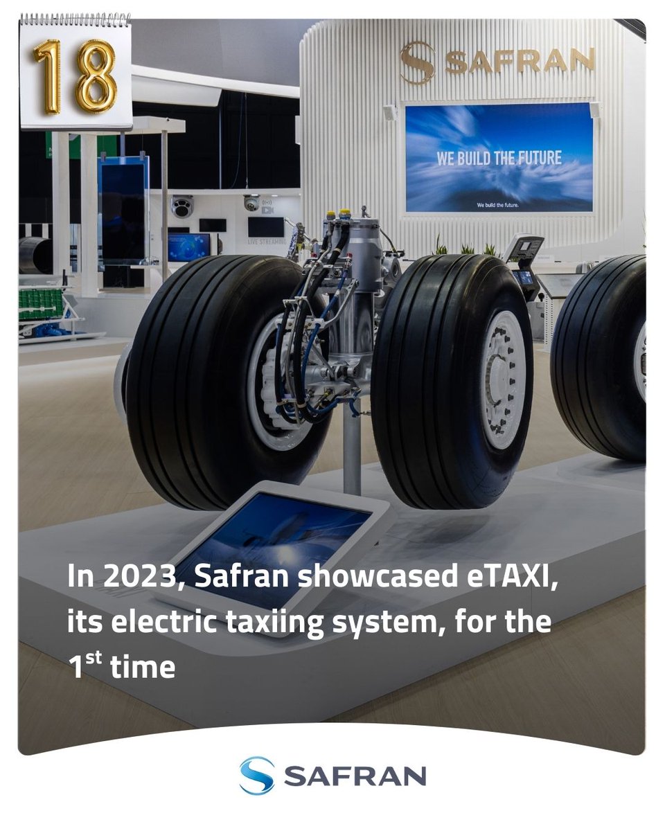 SAFRAN's tweet photo. [#DecemberCalendar ✨] Every day, learn more about the Paris Air Show and Safran’s key highlights.
At the 2023 Paris Air Show, Safran Landing Systems exhibited its #eTAXI solution for the first time, an electric taxiing system enabling aircraft to maneuver on the ground without using their main engines or needing pushback tractors. Key benefits include:
- Fuel savings: up to 4%
- Reduced emissions from fuel burn: –50% CO₂ and NOx emissions

@salondubourget #PAS #ParisAirShow #avgeeks #aviationlovers #aviationhistory
