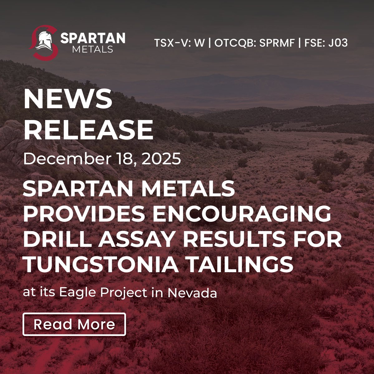 Spartan Metals Provides Encouraging Drill Assay Results for Tungstonia Tailings at its Eagle Project in Nevada

Read the full release: tinyurl.com/3ksrzmd2

#Tungsten #CriticalMinerals #NevadaMining $W $W.v $SPRMF #J03