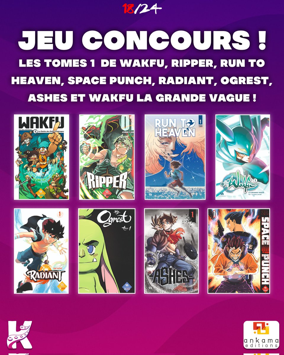 [CALENDRIER DE L'AVENT 18/24]

Tente de gagner les tomes 1 de WAKFU, RIPPER, RUN TO HEAVEN, SPACE PUNCH, RADIANT et bien d'autres ! 🌀

Pour participer : 
- RT
- Follow <a href="/Inku_fr/">INKU</a> et <a href="/AnkamaEditions/">Ankama Editions</a>

TAS le 25/12 !
Bonne chance ! 🍀