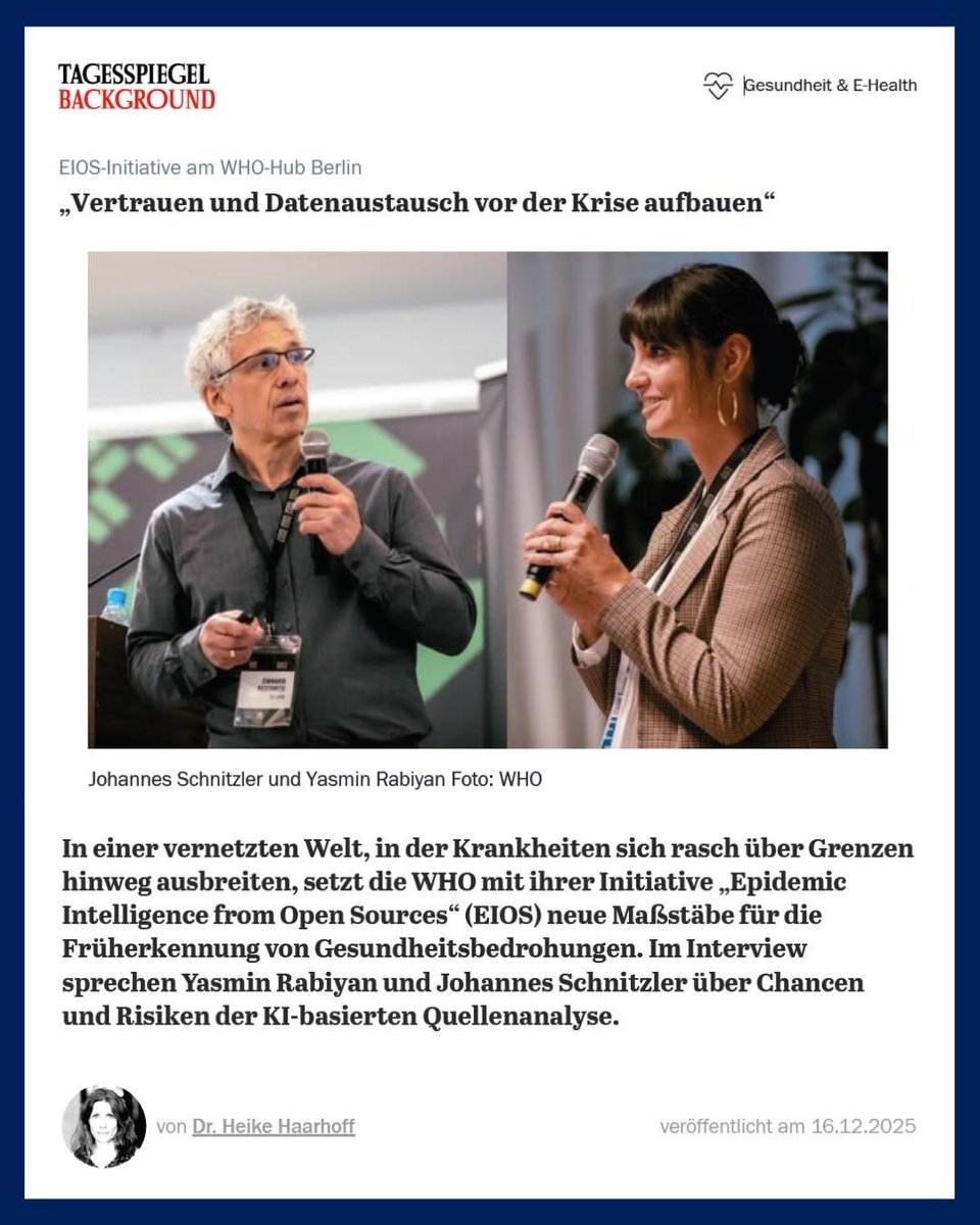 Chikwe_I's tweet photo. Great @Tagesspiegel interview with our colleagues at the @WHO Hub in Berlin about the Epidemic Intelligence from Open Sources initiative.

This AI-powered platform &amp; global community supports countries in the early detection of public health threats.

🆕 https://t.co/dVjxqhMm5B https://t.co/kytWnzZVEk