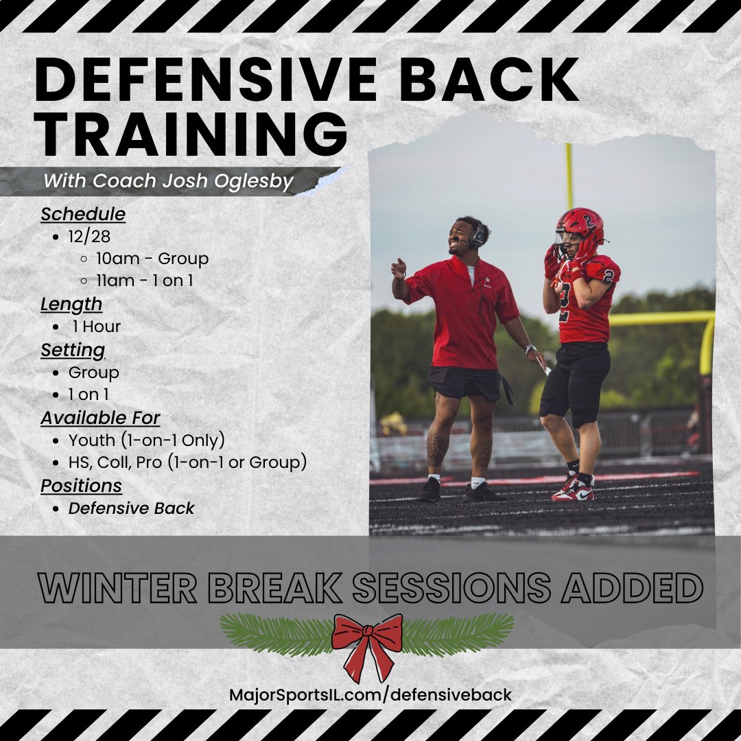 MajorSportsIL's tweet photo. We’ve added Defensive Back Training over winter break on 12/28 🏈
🕙 10:00 AM — Group Training
🕚 11:00 AM — 1-on-1 Training

Spots are limited — book now!

📲 Reserve your spot today

#DefensiveBackTraining #DBWork #FootballTraining #WheatonIL https://t.co/ALPCXWa1M3