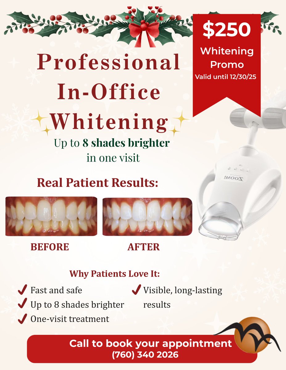 drminanarula's tweet photo. Brighten your smile this holiday season! 
Give yourself (or someone special) the gift of confidence with our Professional Zoom Whitening now only $250 through 12/31/25
Clinically proven to whiten up to 8 shades in just one visit!

#HolidaySmile #ZoomWhitening #GiftOfConfidence https://t.co/Y3lHtidBs3