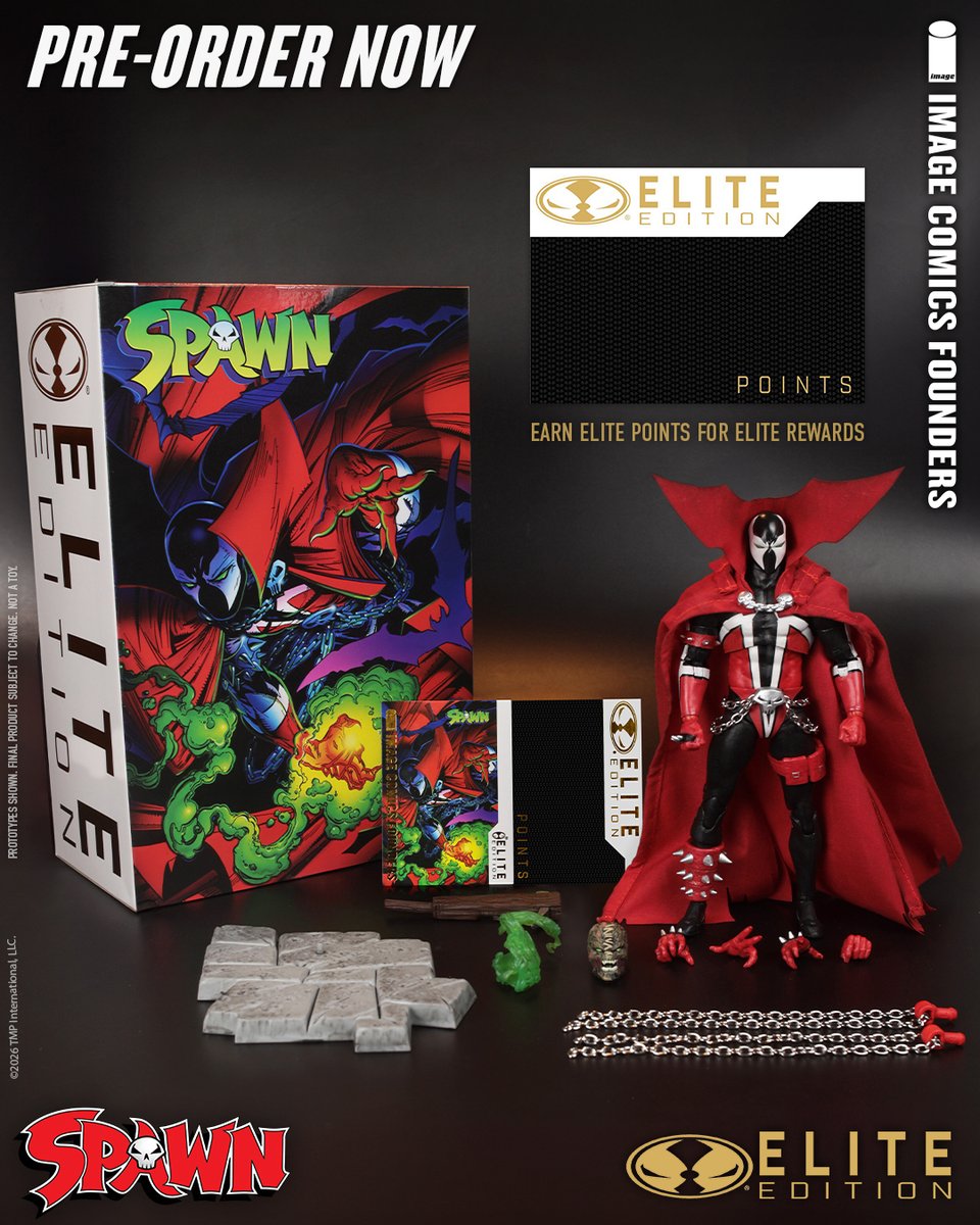 mcfarlanetoys's tweet photo. Todd McFarlane's SPAWN Elite Edition Action Figure from the Image Comics Founders Series is available for pre-order NOW at select retailers! ➡️ https://t.co/TPFF56nnFc

7" deluxe action figure features a wired fabric cape, 2 attachable chains, spiked club, 4 alternate hands, alternate head, Necroplasm effect and collectible art card.

The included base can be arranged with future Image Comics Founders Elite figures coming in 2026! PLUS an Elite Points card that can be used to redeem incredible rewards and one of a kind prototypes.

#McFarlaneToys #Spawn #EliteEdition #ImageComics #ImageComicsFoundersSeries #SpawnsUniverse @toddmcfarlane @imagecomics