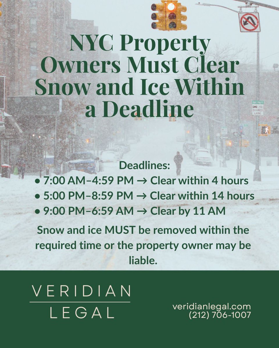 VeridianLegal's tweet photo. NYC snow &amp; ice rules:
• 4 hrs (7 AM–4:59 PM)
• 14 hrs (5 PM–8:59 PM)
• By 11 AM (9 PM–6:59 AM)
Failure to clear can create liability. (212) 706-1007 #NYCSlipAndFall https://t.co/fXOIwa8ATD