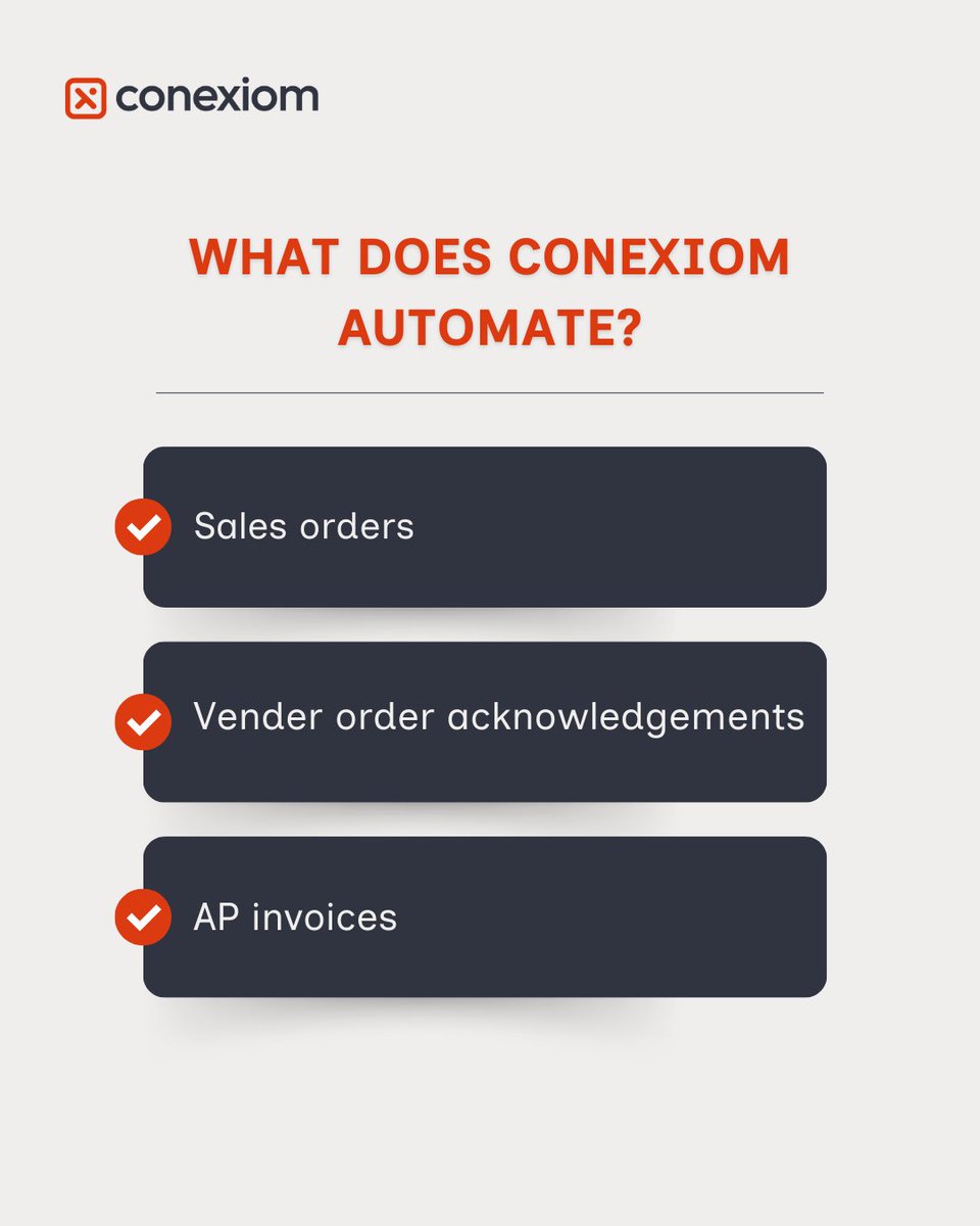 ConexiomAI's tweet image. Most order issues start with manual steps.

Conexiom automates the areas where errors and delays are most common: 

- Order acknowledgements
- Sales orders
- AP invoices

Explore more:
hubs.ly/Q03YdHxP0
#SalesOrderAutomation #OrderAutomation