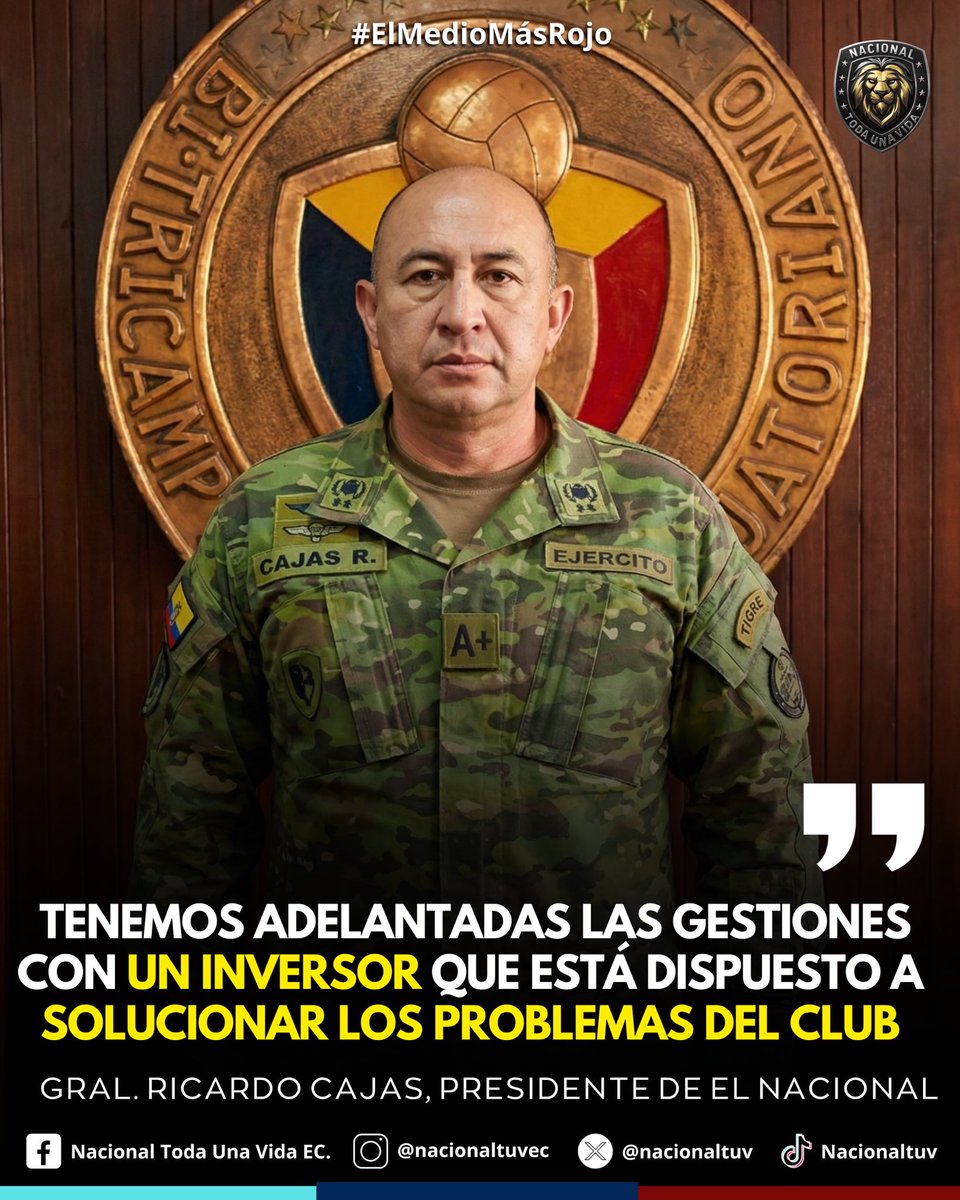 INVERSIÓN EN EL NACIONAL 🔜
El Gral. Ricardo Cajas, presidente de El Nacional, confirma en MachDeportes que habrá un grupo inversor en el equipo criollo 🔴

“El déficit actual es de 11 millones, vamos a cumplir con todas las acreencias”🎙️

#NTUV #ElMedioMasRojo