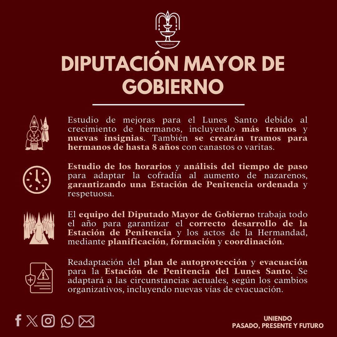 DIPUTACIÓN MAYOR DE GOBIERNO | Estudio de mejoras para el Lunes Santo , creación de nuevos tramos e insignias, análisis de horarios y tiempos de paso, y actualización del plan de autoprotección y evacuación.

#CandidaturaGonzaloPérezOliver