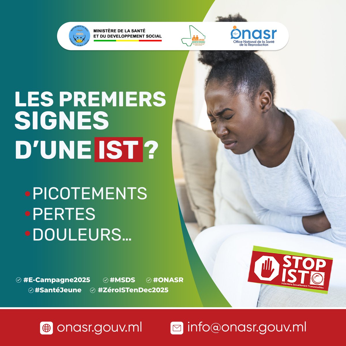 Les premiers signes d’une IST ? 
Picotements, pertes, douleurs… 
Je ne force pas le silence, Je fais mon test d’IST !

#E_Campagne2025
#MSDS
#ONASR
#SantéJeune
 #ZéroISTenDec2025