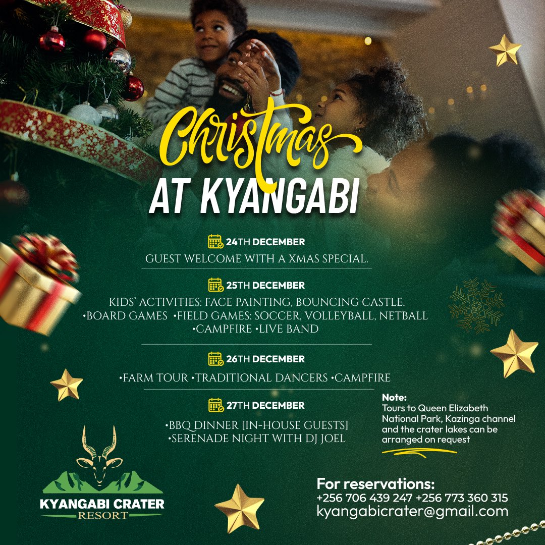 Christmas🎄🎅at ours is getting merrier!

A good lineup of activities for you to enjoy throughout the season; including a tour to the Queen Elizabeth National Park, Kazinga Channel &amp; Crater Lakes (upon request).

Bookings: +256 706 439 247 
 kyangabicrater.com
#VisitKyangabi