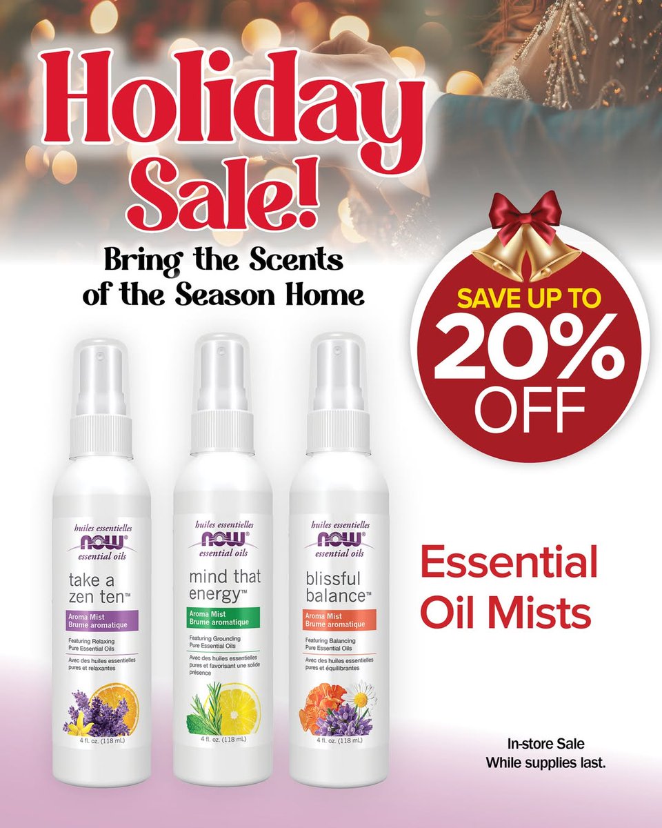 InfoNaturally's tweet image. Looking to unwind this holiday seasons? 📷
These new Aroma Mist blends make it easy to instantly change the ambiance of a space and facilitate focus or relaxation with just a couple quick sprays.
On sale for 20% OFF regular price when you shop in-store. 📷