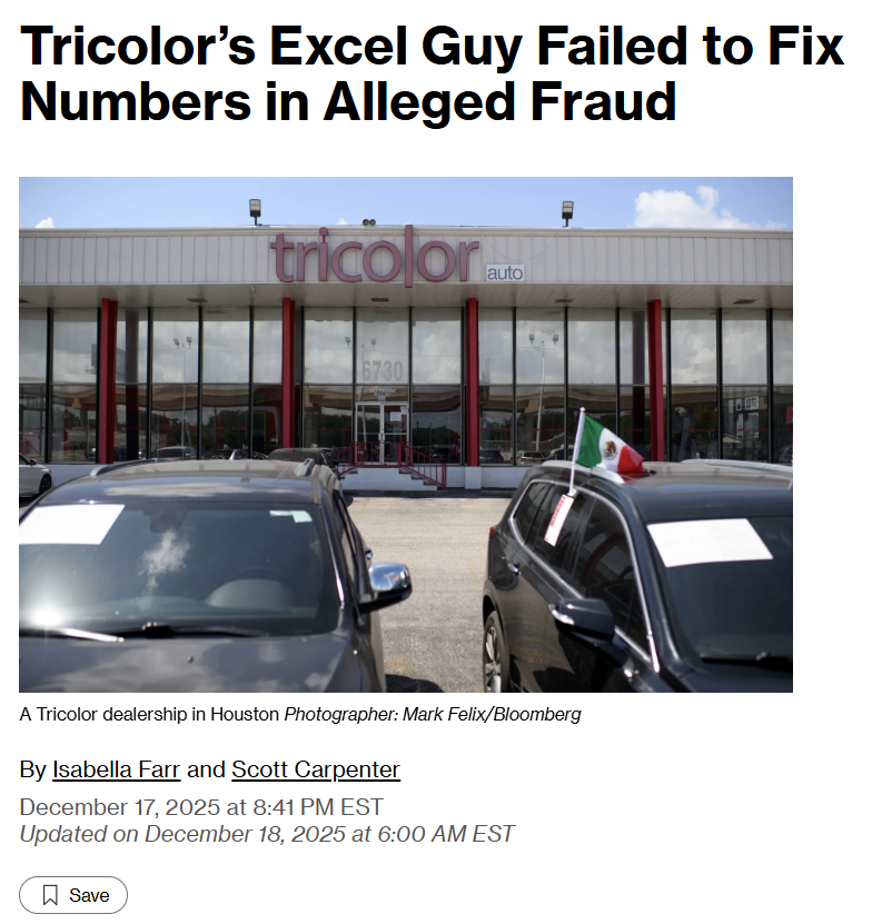 junkbondinvest's tweet photo. How a $1B "alleged" fraud collapsed: 

One guy was manually editing Excel files to make 8,000 delinquent loans look current. For years. He forgot to reduce the balances in one column. 

A junior analyst flagged the mismatch. Not auditors. Not regulators.

Makes you wonder what a careful Excel guy could get away with.