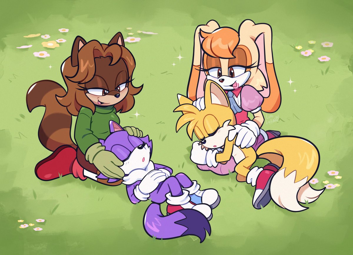 Odd_the_Wolf's tweet image. Nora and Vanilla love to look after Odd and Tails. 

The artist is @LouLubally. Thank you! This picture is so heart warming.

#Odd #wolf #Tails #fox #Nora #raccoon #Vanilla #rabbit