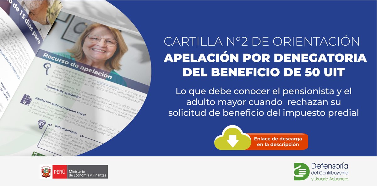 DefContrib's tweet image. 📚Te explicamos cómo proceder tras una negativa a tu solicitud para obtener el beneficio del imp. predial. Descarga la segunda cartilla de orientación para pensionistas y adultos mayores y conoce todo sobre cómo presentar tu apelación al Tribunal Fiscal.
mef.gob.pe/defensoria/mem…