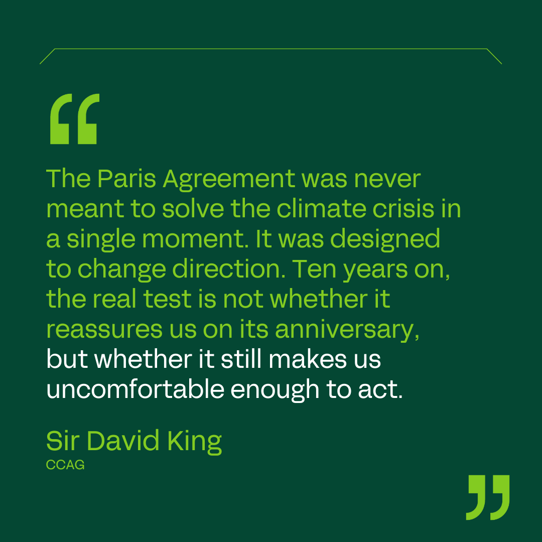 ClimateCrisisAG's tweet photo. “The Paris Agreement was never meant to solve the climate crisis in a single moment. It was designed to change direction.”

Ten years on from the Paris Agreement, @Sir_David_King , Chair of the CCAG, explores its key successes and shortcomings with @TIME - as well as what we need to do in order to accelerate climate action.

Read the full article: https://t.co/ibZcV3Iadh