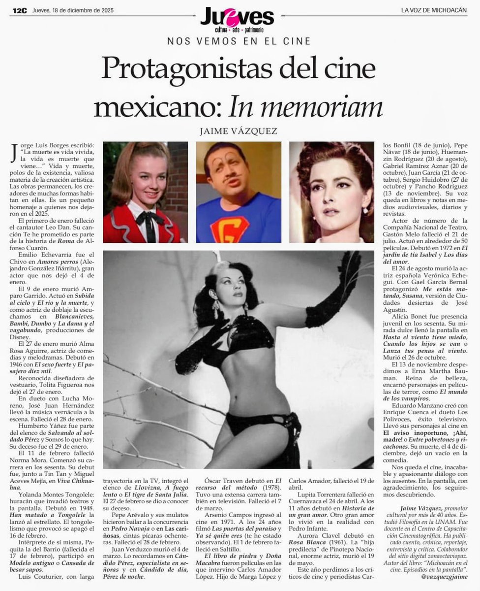 Quedan en la memoria y en las películas los protagonistas de nuestro cine que fallecieron en 2025. Un pequeño homenaje a sus trayectorias en la nota publicada en el suplemento cultural Jueves de <a href="/vozmichoacan/">La Voz de Michoacán</a>
