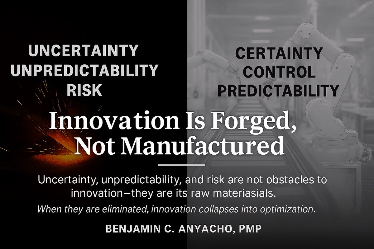 BenjaminAnyacho's tweet photo. Uncertainty, unpredictability, and risk aren’t barriers to innovation—they’re the raw materials.

Remove them, and innovation collapses into optimization.

Safe systems repeat the past.
Bold systems create the future.

#Innovation #Leadership #Risk #Strategy https://t.co/WChWDzxJcA