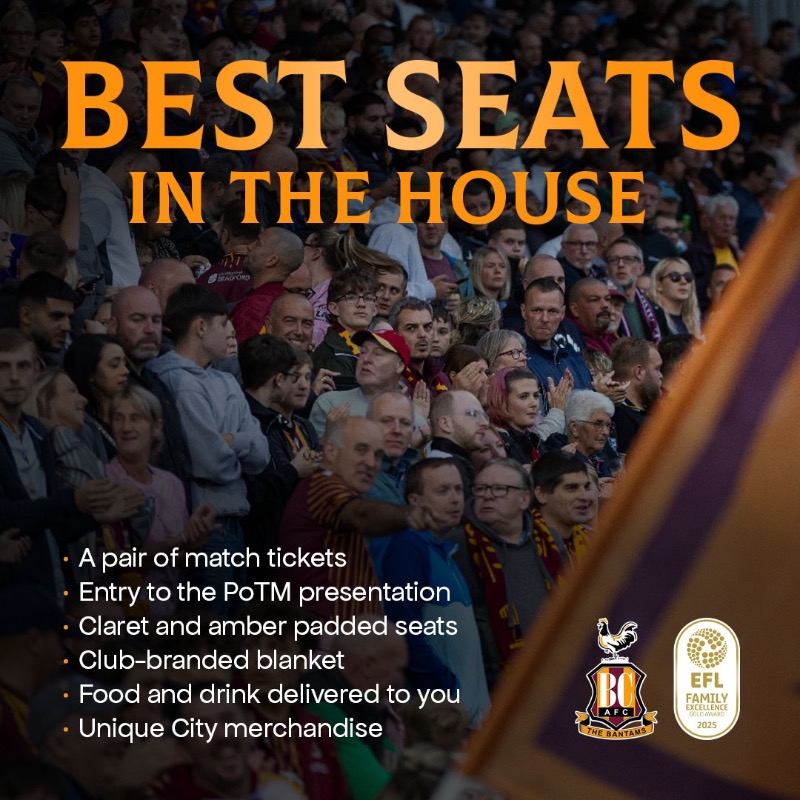 officialbantams's tweet photo. We are delighted to announce our ‘Best Seats in the House’ competition, which will launch when we host Wigan Athletic on Boxing Day. 🪑

You can enter the prize draw now, and you only need one ticket to be in with the chance to win every home game! 🤩

#BCAFC